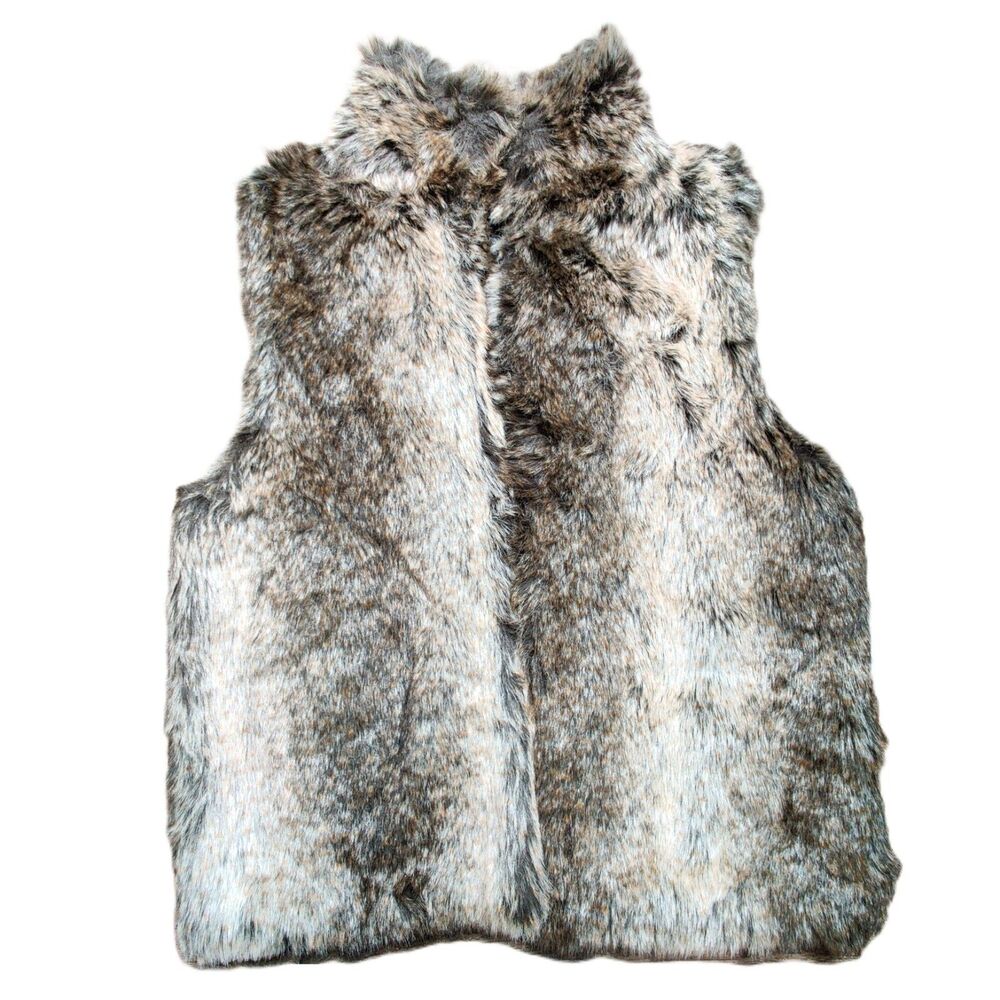 Cejon Womens M/L Brown Faux Fur Vest Sleeveless Open Front Pockets Boho Plush